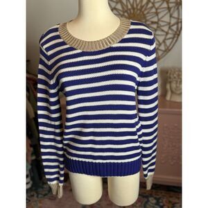 Women's Workshop royal blue and white crew neck sweater with tan trim Size Large